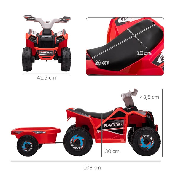HOMCOM Kinder Elektro-Quad 6V Kinderquad,mit Anhänger für Kinder 1,5-3 Jahre, 2,5 km/h, 106 x 41,5 x 48,5 cm, Metall, Rot