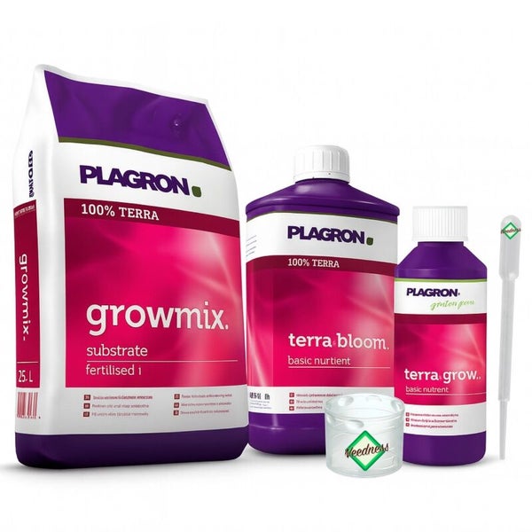 Plagron Growmix Substrat Set mit Terra Bloom und Terra Grow Pflanzennahrung sowie Messbecher und Pipette.