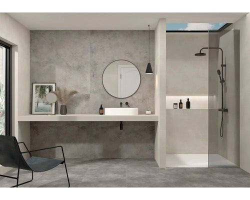 Modernes Badezimmer mit grauen Fliesen, Dusche und Waschbecken