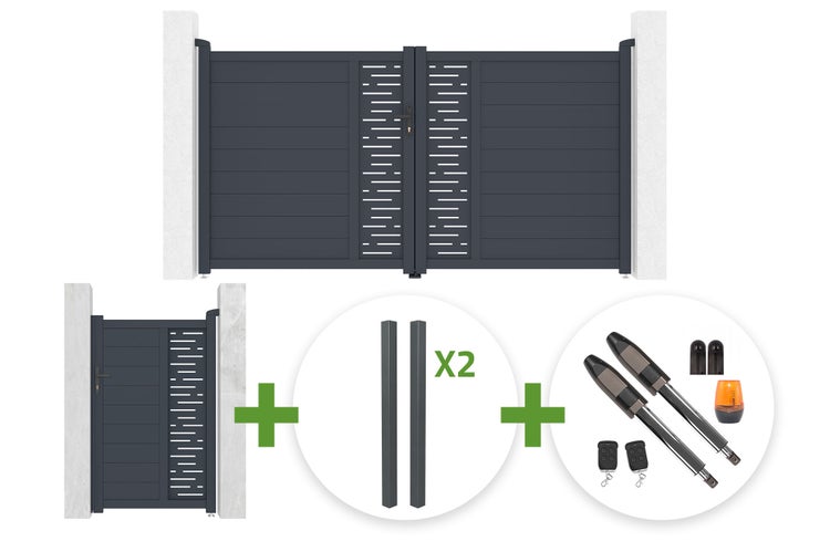 Aluminium-Set in Anthrazit bestehend aus zweiflügeligem Einfahrtstor, Gartentür, zwei Pfosten und elektrischem Torantrieb mit Zubehör.