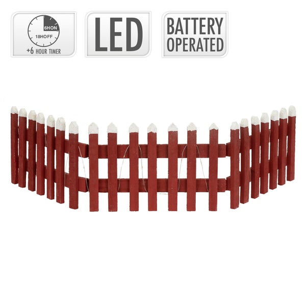 ECD Germany Deko Holz Zaun mit LED in Rot, 90x21 cm, batteriebetrieben, mit Timer, Mini Gartenzaun beleuchtet, Mini-Lattenzaun, Weihnachtsbaum-Zaun, Weinachtsdeko, Winter Gatter, Minigarten Dekoration