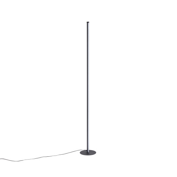 Moderne, minimalistische LED-Stehleuchte in Schwarz mit schmalem vertikalem Design und rundem Standfuß.