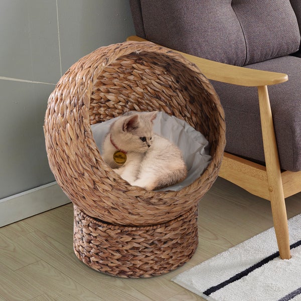PawHut Rattan Katzenkorb, 42 x 33 x 52 cm, Wasserhyazinthe, Hellbraun