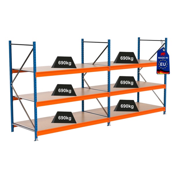 Lagerregal mit einer Traglast von 690 Kilogramm pro Ebene und Made in EU Siegel