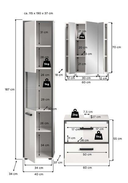 Badezimmermöbel-Set mit Maßen für Hochschrank, Spiegelschrank und Waschbeckenunterschrank in Zentimeter und Traglasten in Kilogramm.