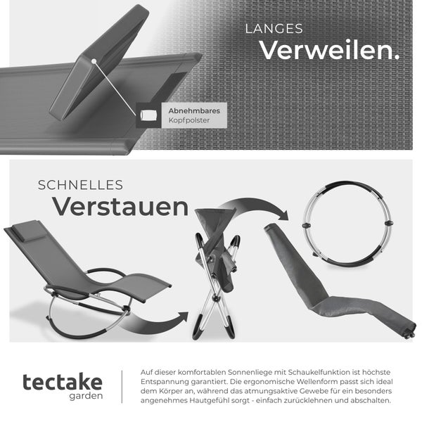 Tectake Garden Logo. Sonnenliege mit Schaukelfunktion, ergonomischer Wellenform, abnehmbarem Kopfpolster und klappbarem Design für einfaches Verstauen.
