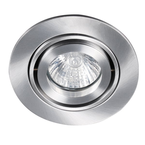 Runder Einbaustrahler aus gebürstetem Metall mit schwenkbarem Innenring und sichtbarem Leuchtmittel.