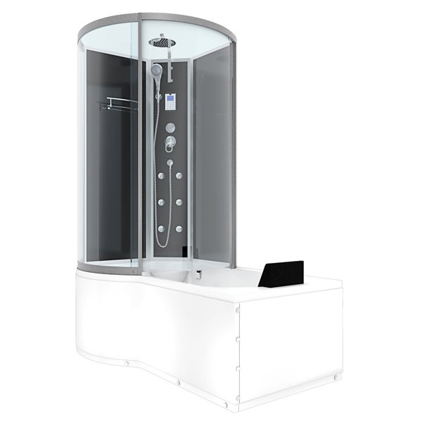 Komplettdusche mit integrierter Badewanne, Massagedüsen, Handbrause, Regendusche und Kopfstütze.