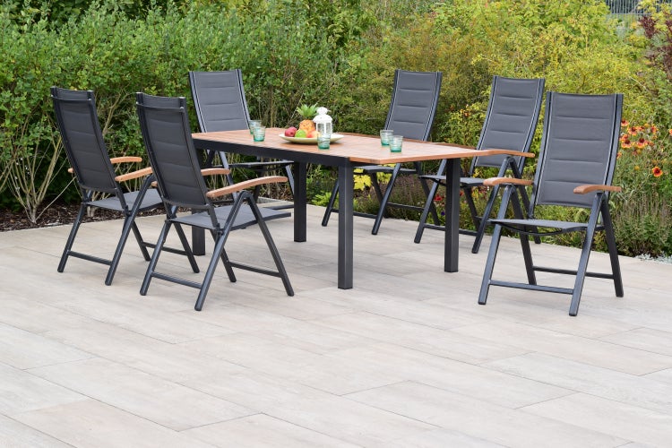 Paxos Gartenmöbelset 7tlg., Klappsessel, Ausziehtisch 150 (200) x 90 cm
