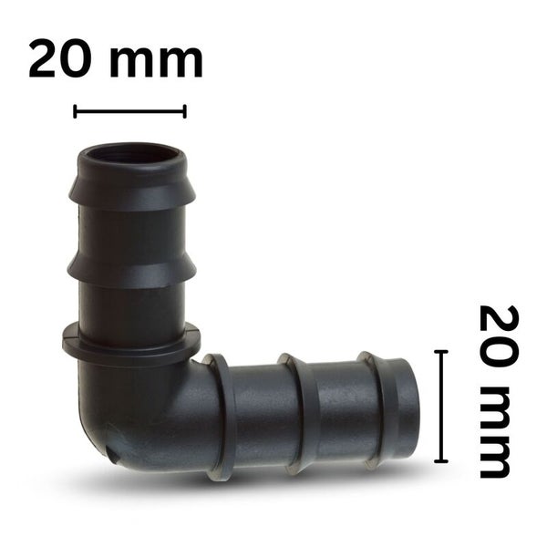 Winkelverbinder für Bewässerungsschläuche aus schwarzem Kunststoff, 20 Millimeter mal 20 Millimeter, mit geripptem Profil.