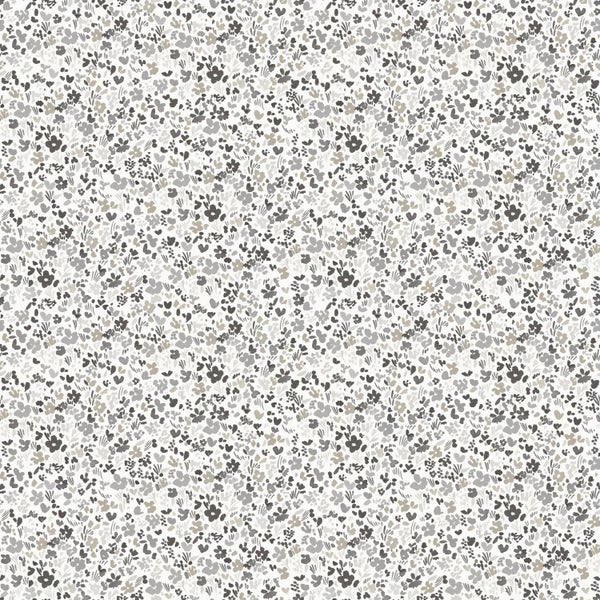 Tapete mit kleinteiligem floralem Muster in Grau und Beige.