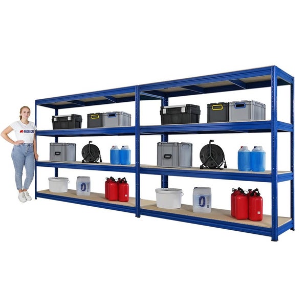 Regalsystem mit vier Ebenen zur Lagerung von Boxen, Kanistern und Eimern