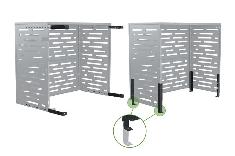 Graue Metall-Verkleidung für Außengeräte mit Halterungen für Wandmontage und Bodenmontage sowie Lamellen-Design.