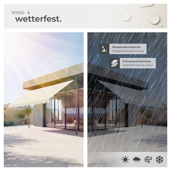 Wind- und wetterfeste Markise mit wasserabweisendem Polyesterstoff und pulverbeschichtetem Stahlrahmen auf einer modernen Terrasse.
