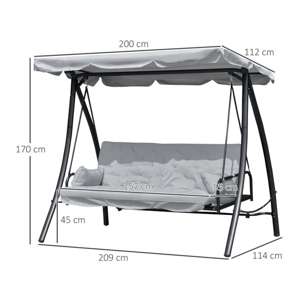 Outsunny Hollywoodschaukel, Gartenschaukel mit Liege-Funktion, 3 Sitzer, 209 x 114 x 170 cm, Metall+Polyester, Grau