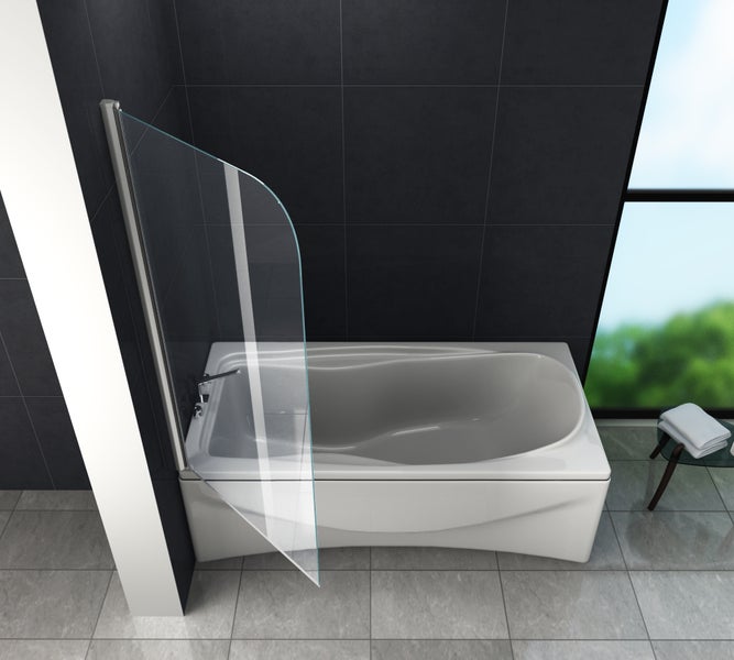 Badezimmer mit Badewanne und Badewannenaufsatz aus Glas