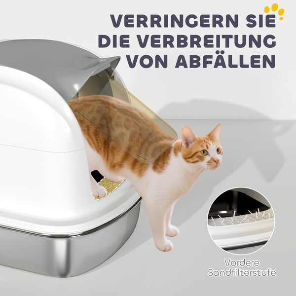 Katzen-Toilette mit Edelstahl-Unterschale, transparenter Schwingtür und einer vorderen Stufe mit Sandfilter zum Auffangen von Streu.