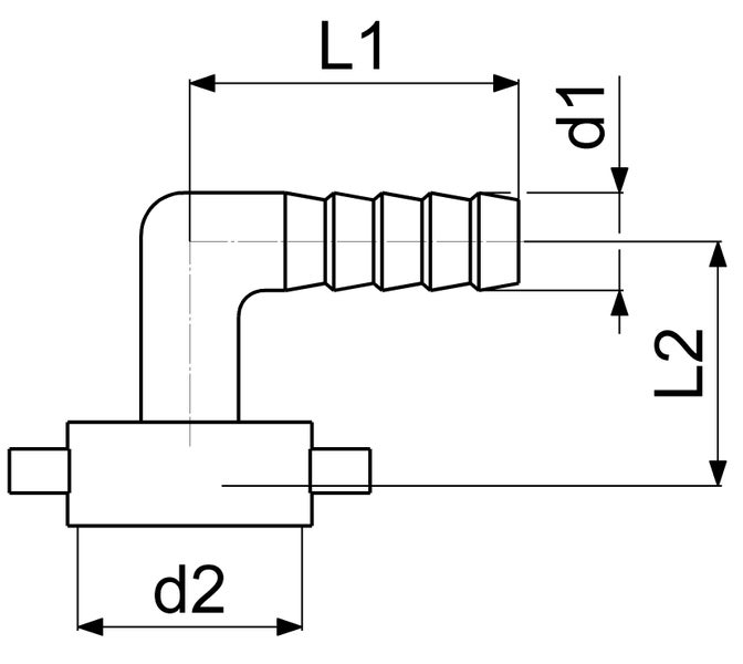 Technische Zeichnung eines 90-Grad-Winkelschlauchverbinders mit den Maßangaben L1, L2, d1 und d2.