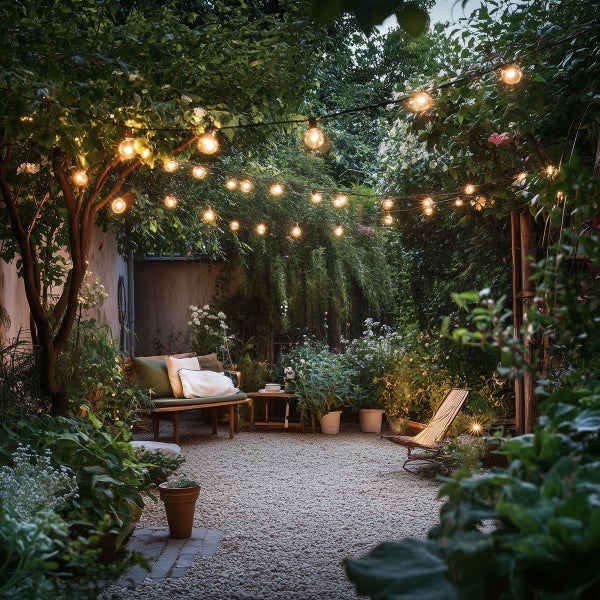 Gemütlicher Garten mit Lichterkette, Holzbank mit Kissen, Liegestuhl und üppiger Bepflanzung auf Kiesboden bei Dämmerung.