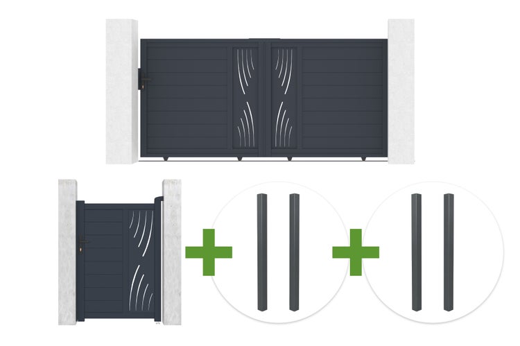 Aluminium-Gartentor-Set mit Schiebetor, Pforte und Pfosten in Anthrazit mit dekorativem Wellenmuster.