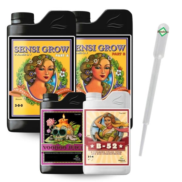 Düngerset von Advanced Nutrients mit Sensi Grow Teil A und B, Voodoo Juice, B-52 und einer Kunststoffpipette mit Weedness Logo.
