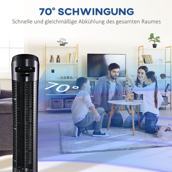HOMCOM Standventilator 45 W Turmventilator Ventilator leise 3 Belüftungsstufen, 70° Oszillation, ABS, Schwarz, Ø27 x H75 cm
