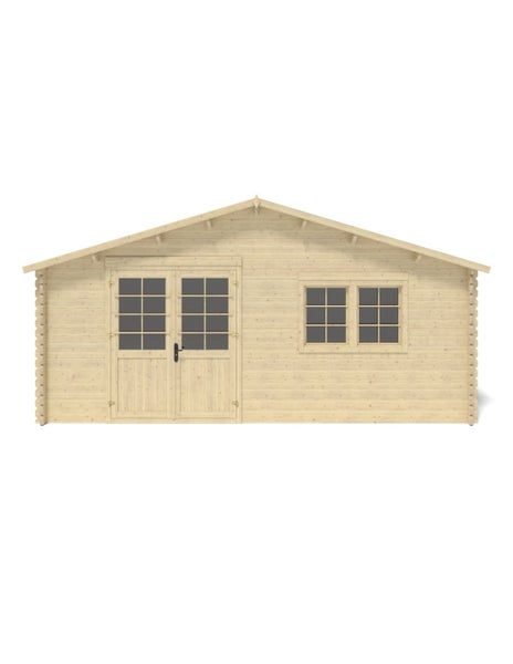 Gartenhaus aus Holz mit Satteldach, Doppeltür mit Lichtausschnitten und Doppelfenster.