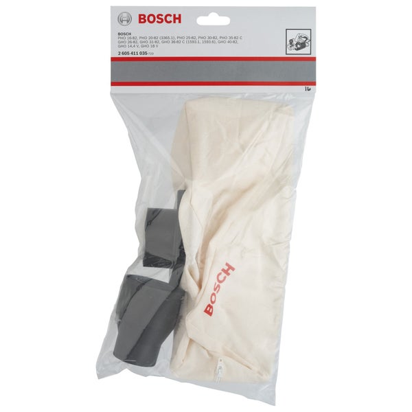 Bosch Staubbeutel aus Stoff für Elektrohobel mit Bosch Logo und Anschlussadapter in der Originalverpackung.