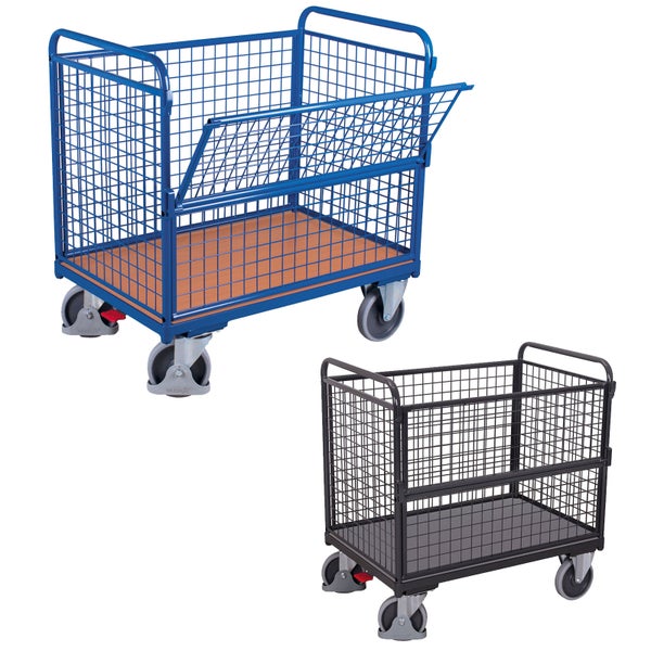 Variofit Drahtgitterwagen mit vier Rollen und klappbarer Seitenwand für Transport und Lagerung.
