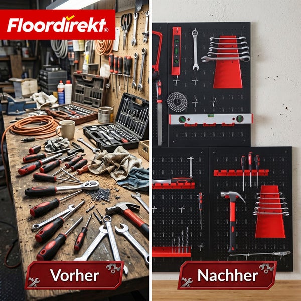 Vorher-Nachher-Vergleich der Werkzeugorganisation: Unordentliche Werkbank gegenüber ordentlich an einer Lochwand befestigten Werkzeugen. Floordirekt Logo