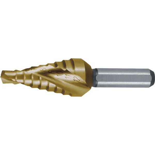 Stufenbohrer aus HSS-Stahl für Metall mit eingravierten Größenangaben von 4 bis 12 Millimeter.