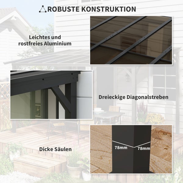 Terrassenüberdachung aus rostfreiem Aluminium mit robusten diagonalen Streben und Säulen mit achtundsiebzig Millimeter Stärke.