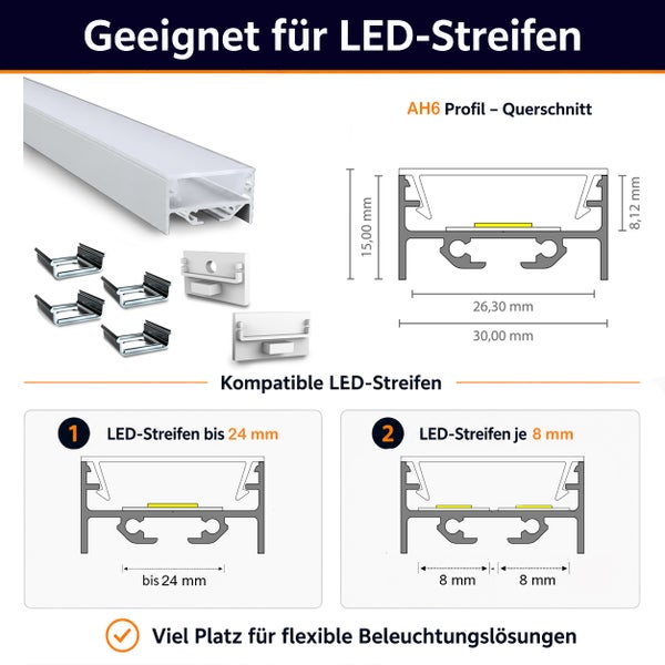 Aluminium Profil AH6 für LED Streifen mit Montagezubehör und Maßzeichnung für verschiedene Streifenbreiten.