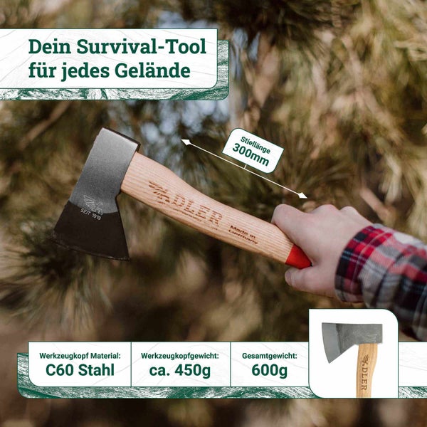 Adler Handbeil mit Holzstiel, 300 Millimeter Stiellänge, Kopf aus C60 Stahl mit 450 Gramm Gewicht, Gesamtgewicht 600 Gramm.