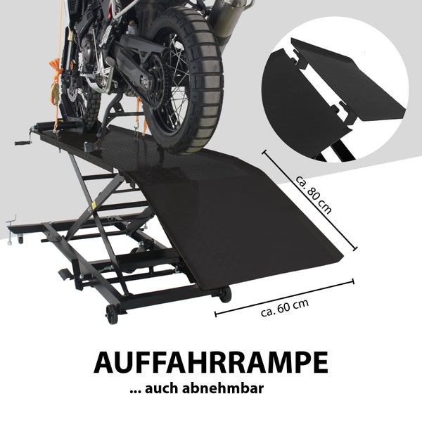 Motorrad auf einer Motorradhebebühne mit Auffahrrampe und Maßangaben