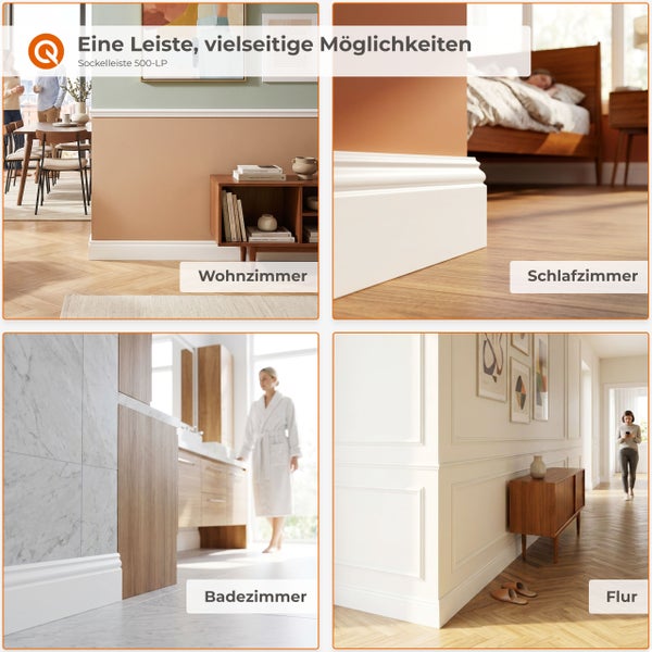 Vier Anwendungsbeispiele für Sockelleiste 500-LP in Wohnräumen wie Wohnzimmer, Schlafzimmer, Badezimmer und Flur im modernen Einrichtungsstil.