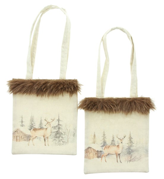 Zwei Stofftaschen mit Geweihmuster und Fellrand