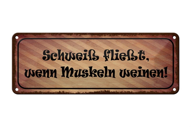 Blechschild Spruch 27x10cm Schweiß fließt Muskeln weinen Dekoration