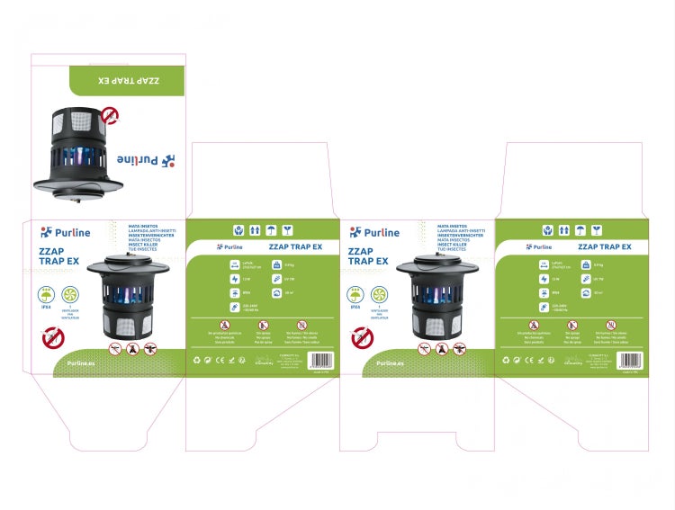 Verpackung für Purline ZZAP TRAP EX Insektenvernichter mit Purline Logo, 13 Watt, IPX4, ohne Chemikalien, für circa 50 Quadratmeter.