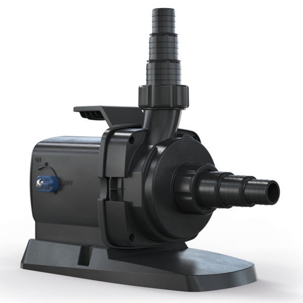 Schwarze Teichpumpe aus Kunststoff mit Stufentülle und Tragegriff für den Gartenteich.