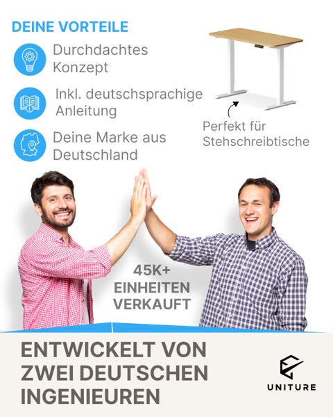 Infografik für Uniture höhenverstellbare Schreibtische mit Produktvorteilen, Entwicklung durch Ingenieure, 45.000 Verkäufe und Uniture Logo.