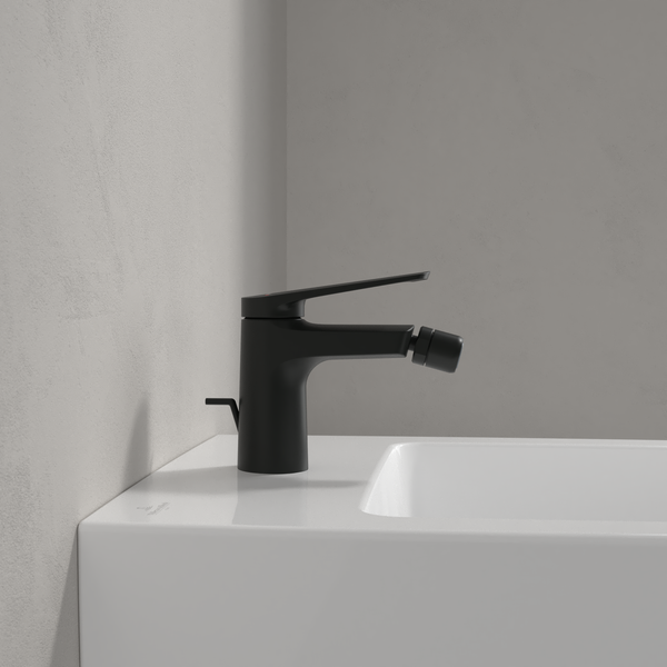 Villeroy & Boch Oasis Einhebel-Bidetarmatur, Bidet Wasserhahn mit Zugstange und Keramikkartusche, Bidetmischer wassersparend, Auslauf Höhe 73mm, rund, Matt Black