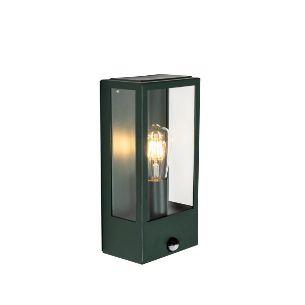 Rechteckige Außenwandleuchte aus Metall und Glas mit Bewegungsmelder und leuchtendem LED-Leuchtmittel im Edison-Stil.