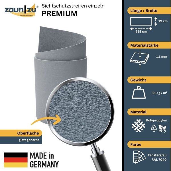 Sichtschutzstreifen Premium aus Polypropylen, glatt genarbt, Fenstergrau RAL 7040, Maße 255 cm x 19 cm, Materialstärke 1,1 mm, Gewicht 850 g/m², hergestellt in Deutschland