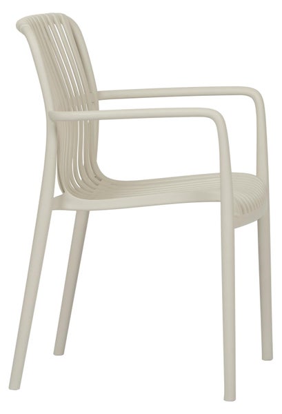 Gartenstuhl mit Armlehnen aus Kunststoff, Sitz und Rückenlehne in Latten-Optik.