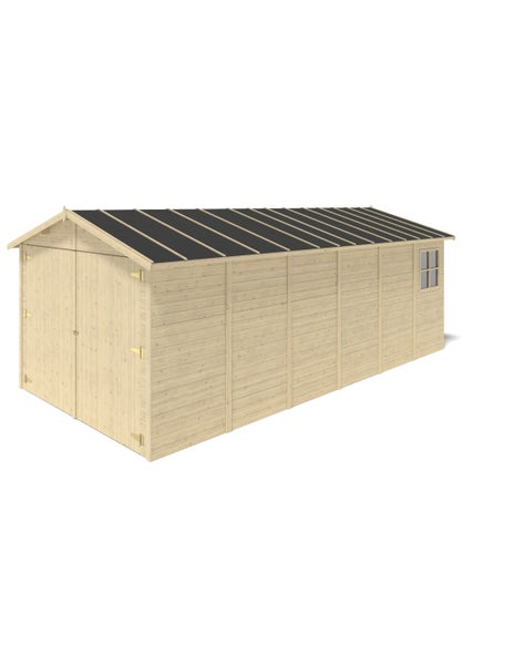 Großes Gartenhaus aus Holz mit Satteldach, Doppeltür und kleinem Seitenfenster.