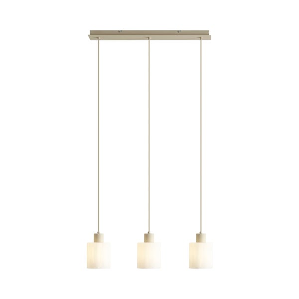 Dreiflammige Pendelleuchte mit drei weißen zylindrischen Schirmen aus geriffeltem Glas und einer rechteckigen Deckenhalterung.
