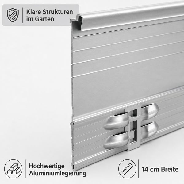 Eine Rasenkante aus Aluminium mit 14 Zentimeter Breite für klare Gartenstrukturen.