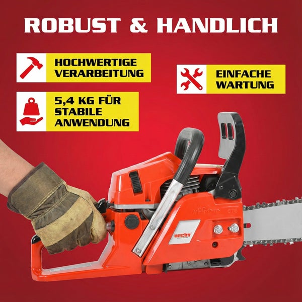 Kettensäge mit den Hinweisen robuste Verarbeitung, einfache Wartung und stabiles Gewicht von 5,4 Kilogramm