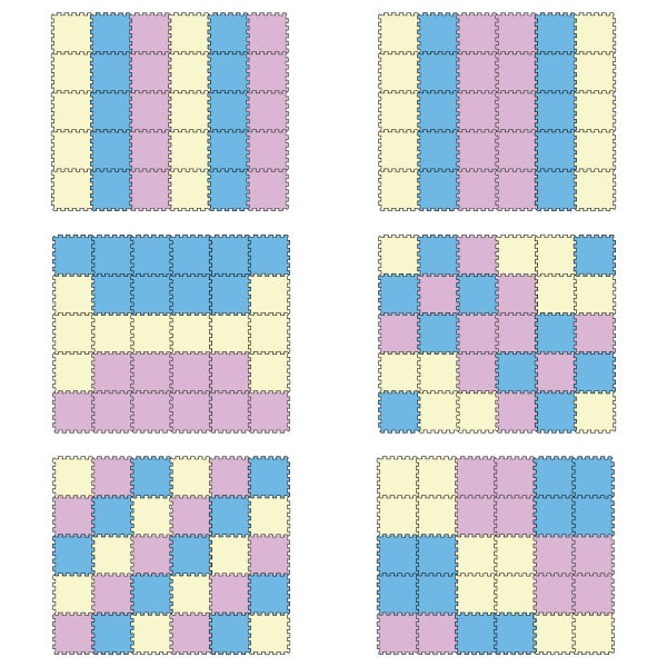 Sechs verschiedene Verlegemuster für mehrfarbige, quadratische Puzzle-Bodenmatten aus Schaumstoff.
